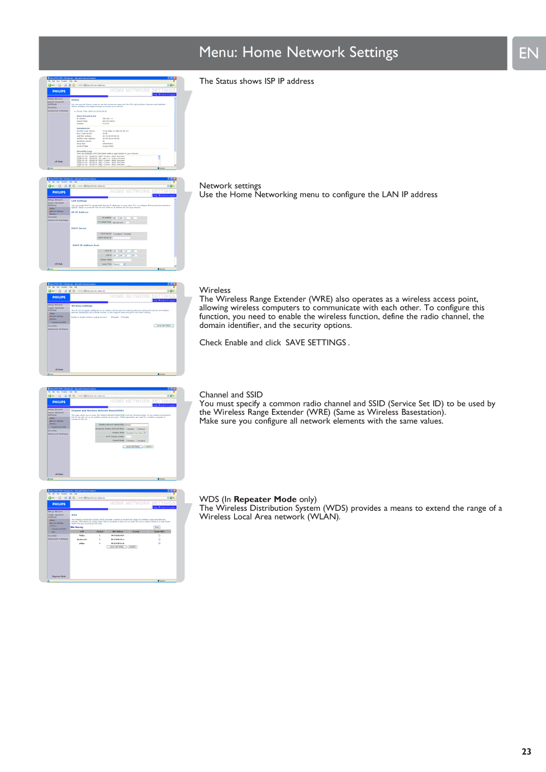 Philips SNR6500 user manual Menu Home Network Settings, WDS In Repeater Mode only 