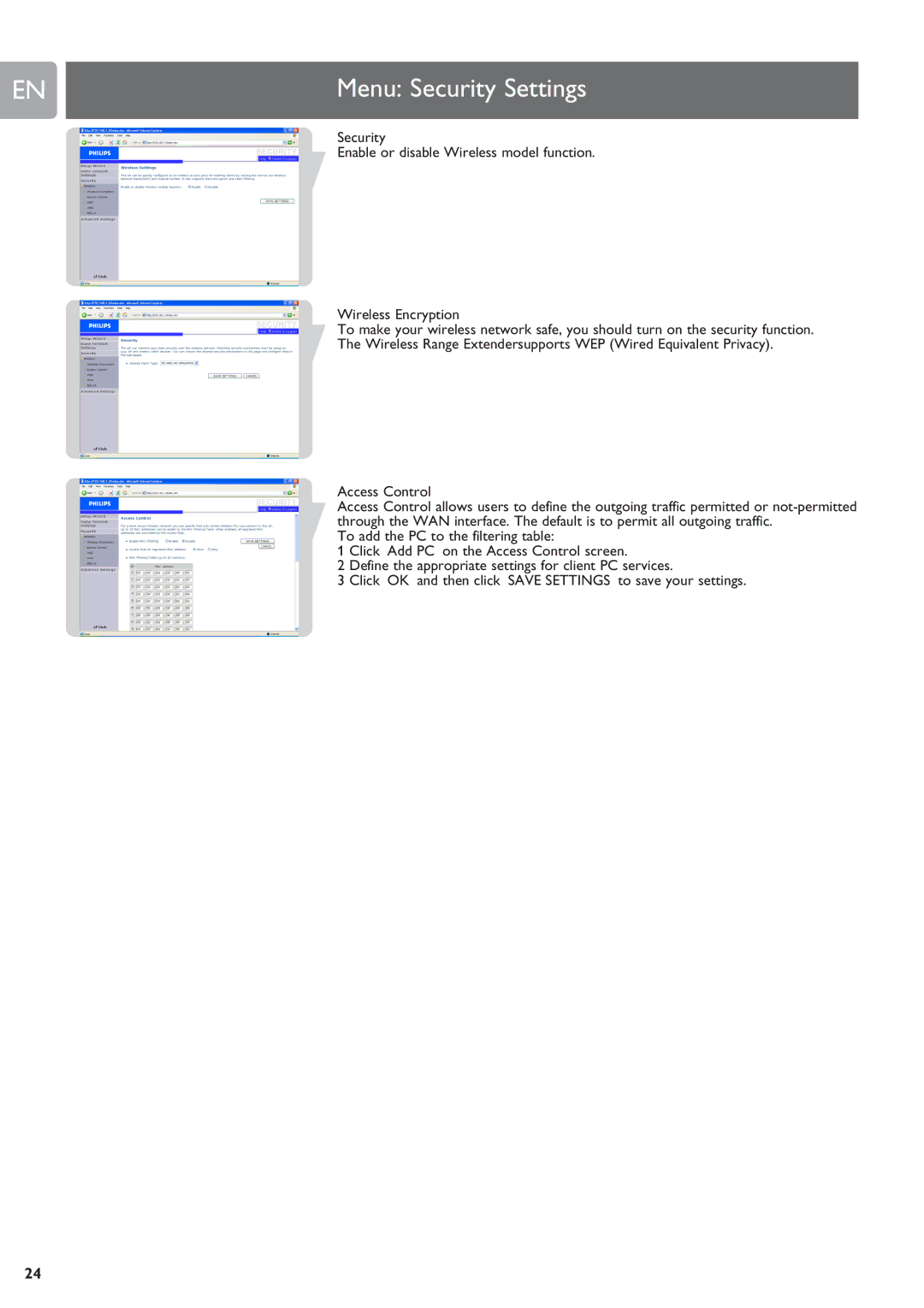 Philips SNR6500 user manual Menu Security Settings 