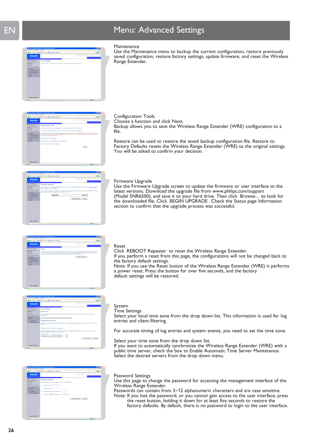 Philips SNR6500 user manual Menu Advanced Settings, Maintenance 