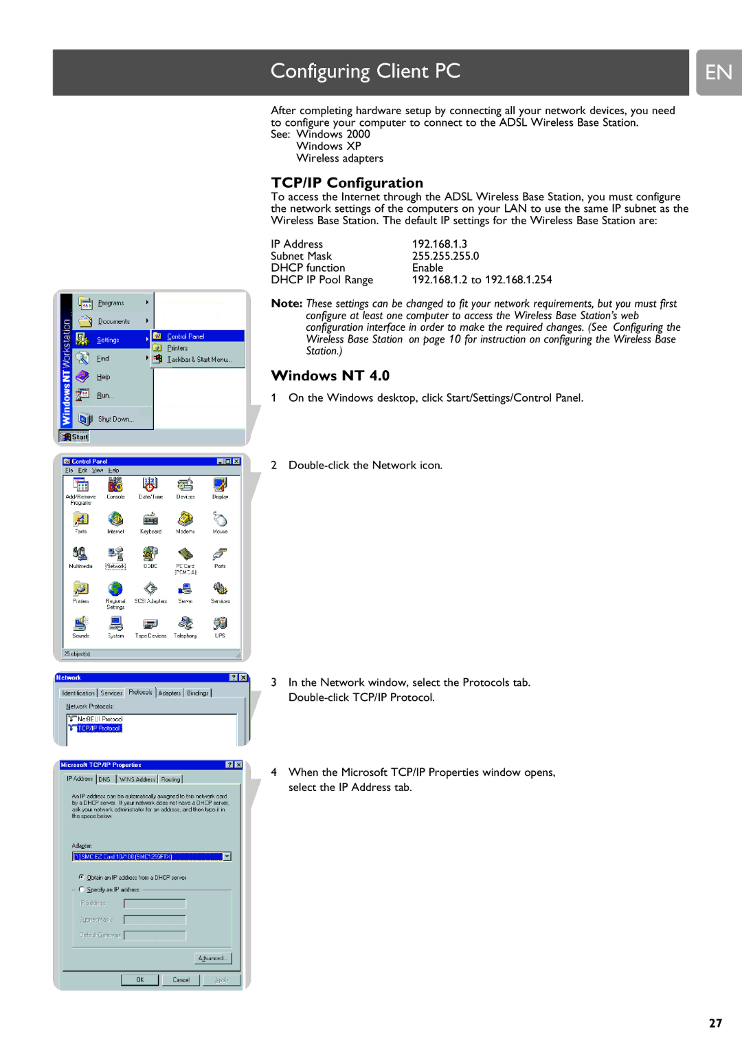 Philips SNR6500 user manual Configuring Client PC, TCP/IP Configuration, Windows NT 