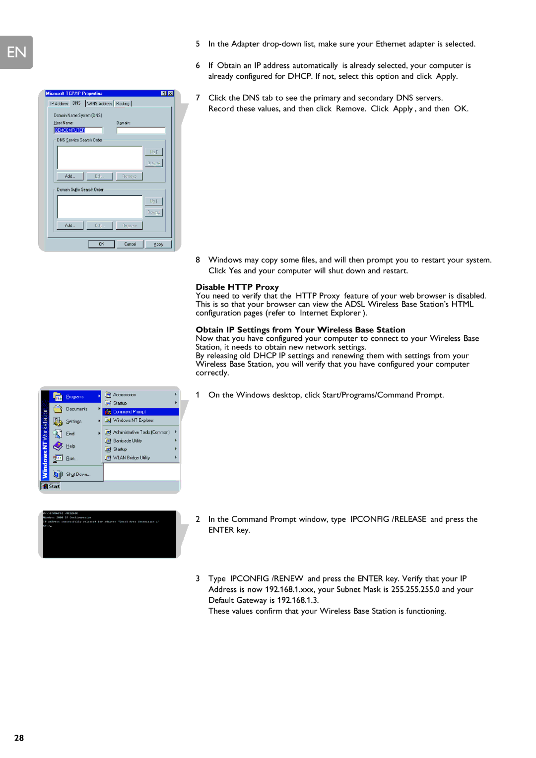 Philips SNR6500 user manual Disable Http Proxy, Obtain IP Settings from Your Wireless Base Station 