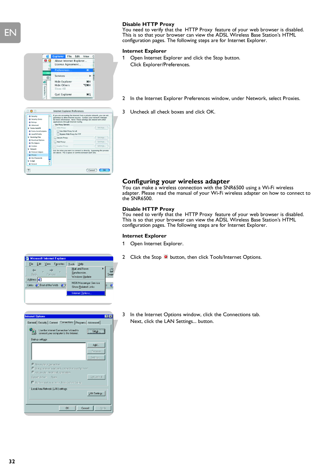 Philips SNR6500 user manual Configuring your wireless adapter, Internet Explorer 