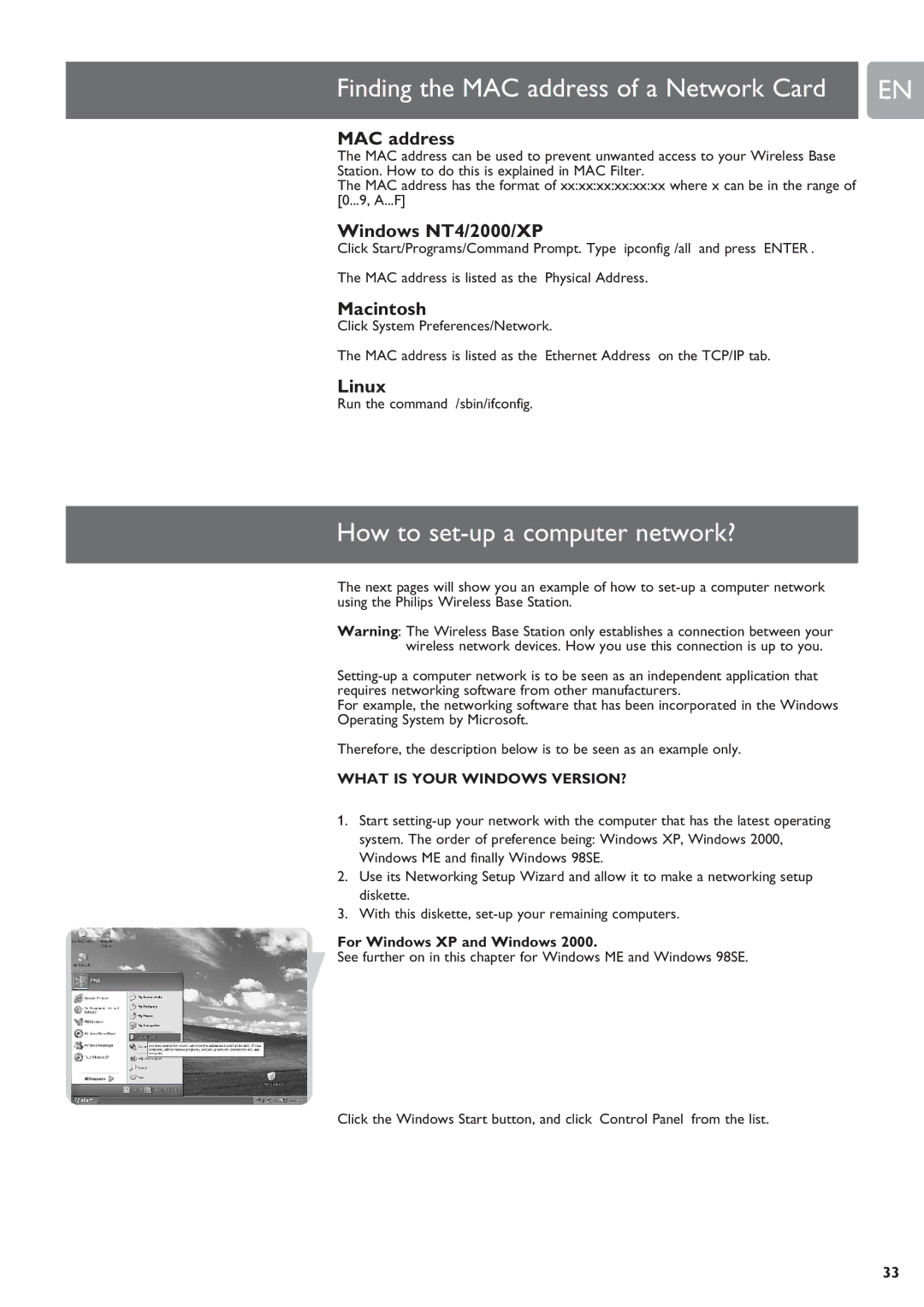 Philips SNR6500 user manual Finding the MAC address of a Network Card EN, How to set-up a computer network? 