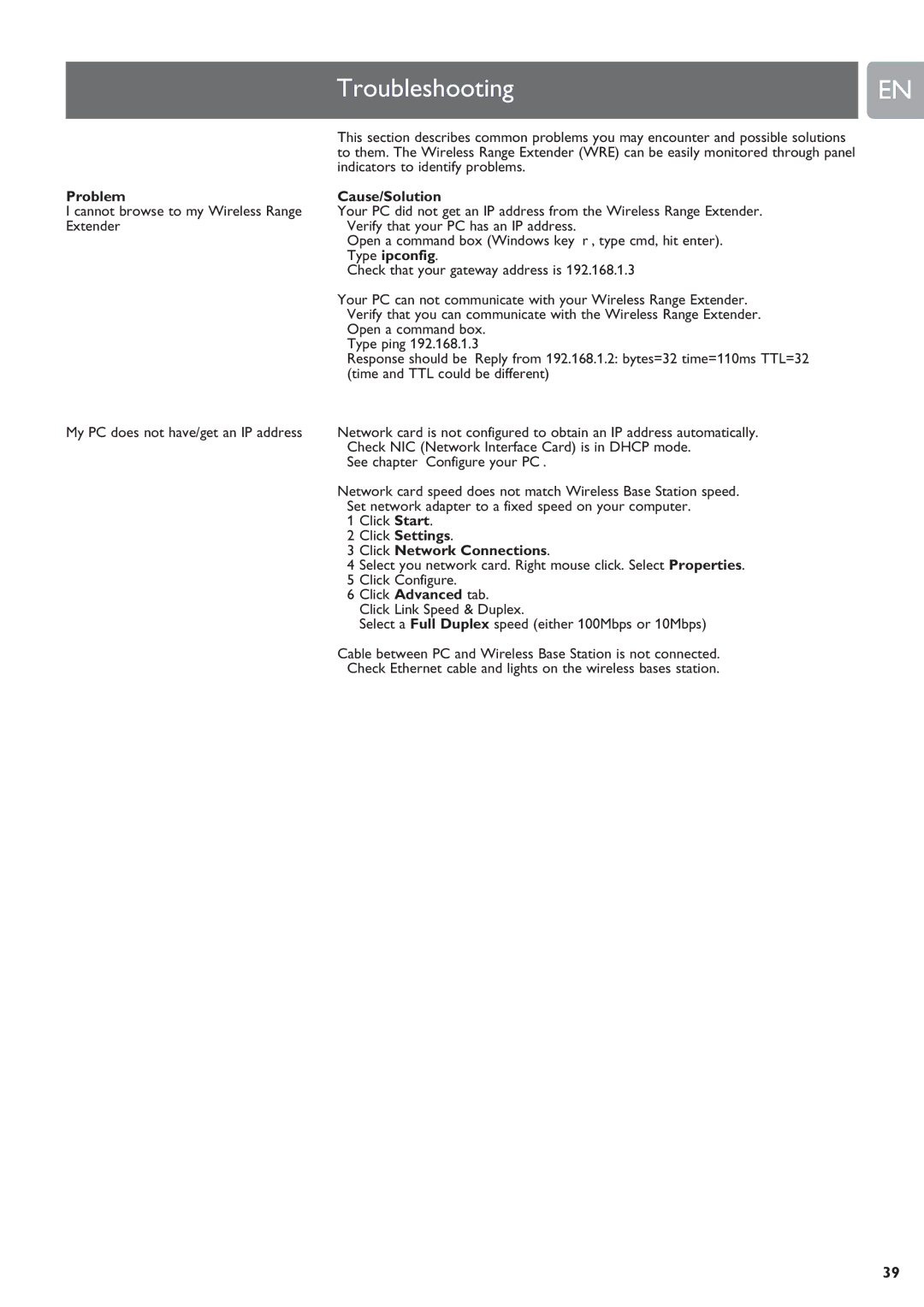 Philips SNR6500 user manual Troubleshooting, Problem Cause/Solution, Type ipconfig, Click Network Connections 