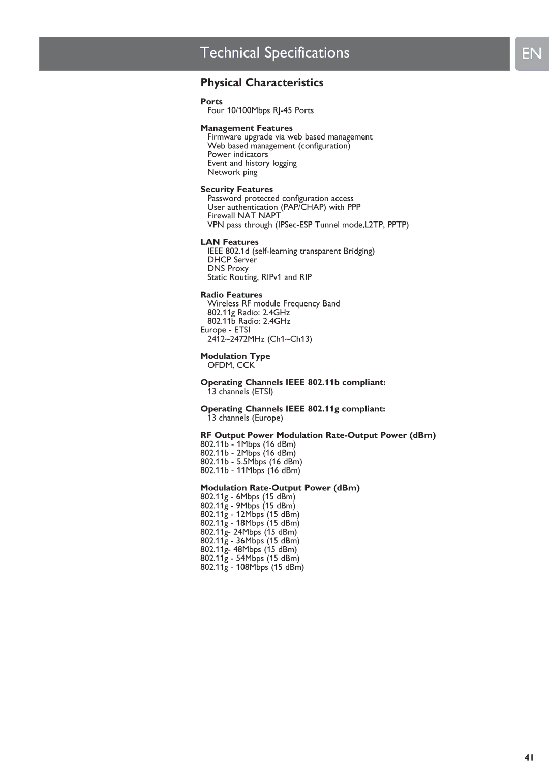 Philips SNR6500 user manual Technical Specifications, Physical Characteristics 