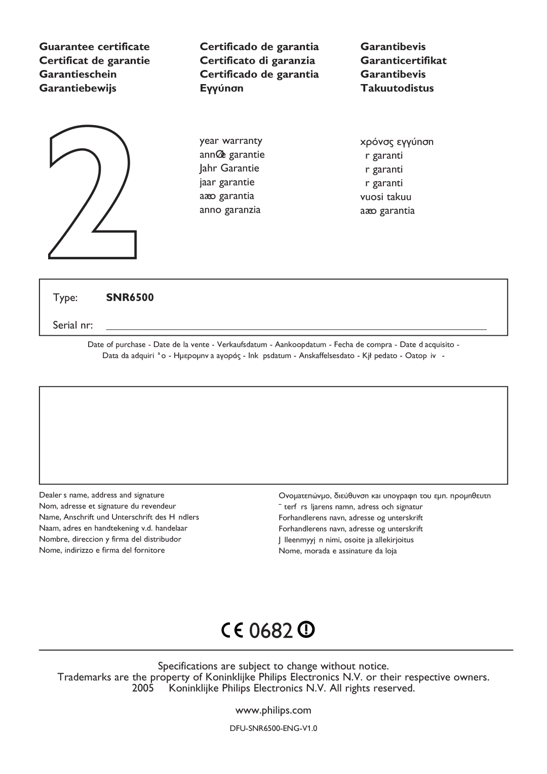 Philips user manual Takuutodistus, Type SNR6500 