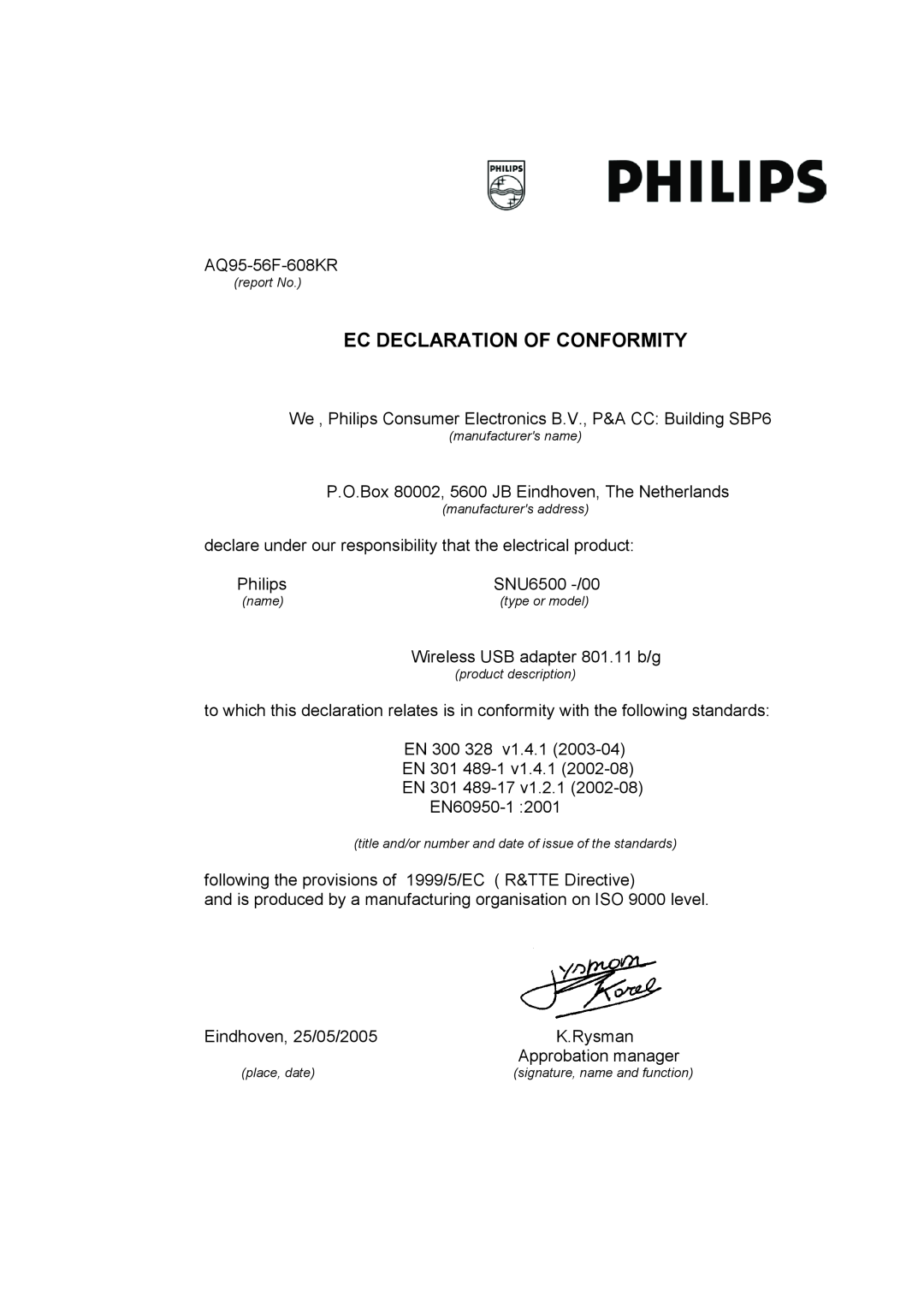 Philips SNU6500 manual Ec Declaration Of Conformity 