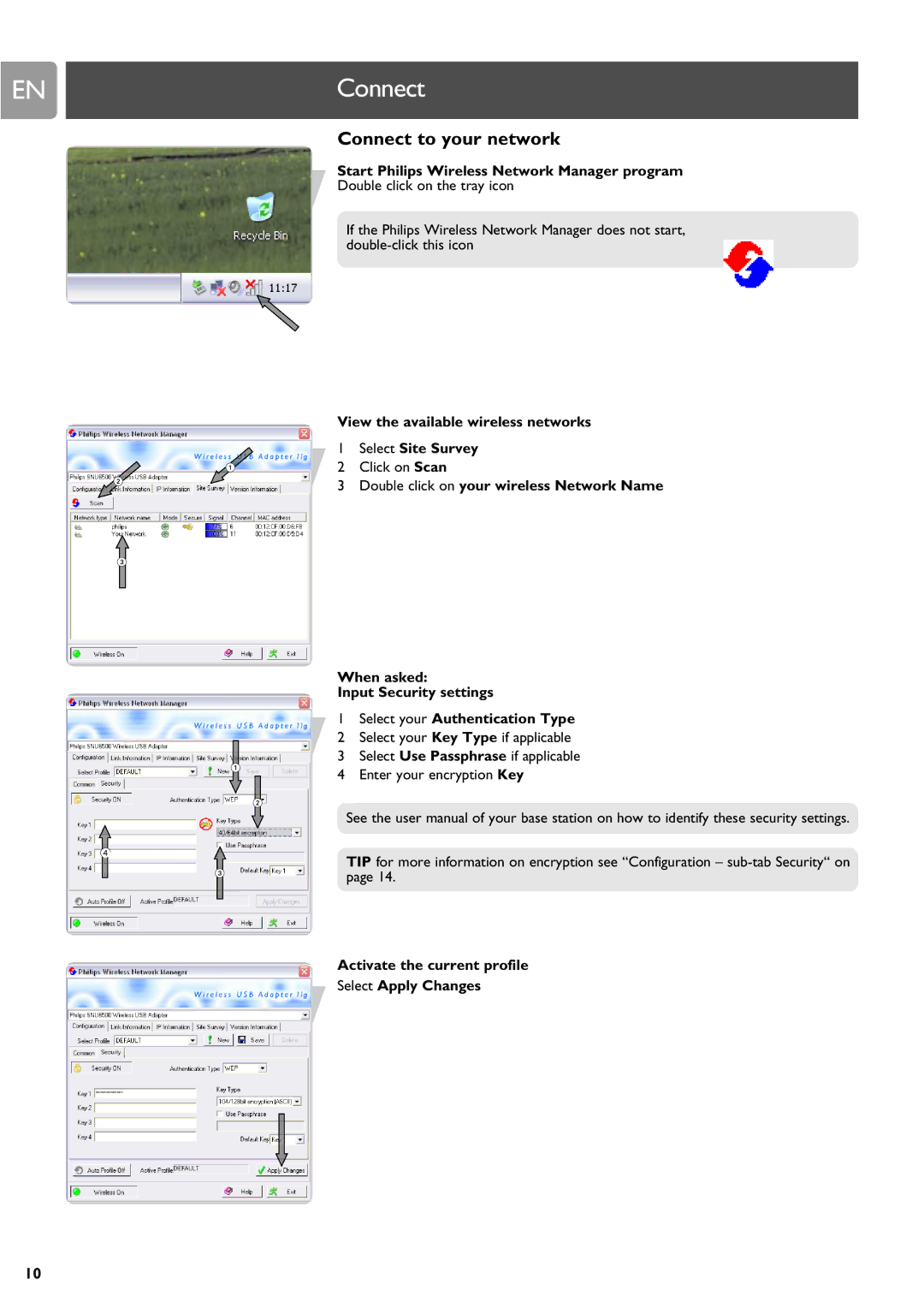 Philips SNU6500 manual Connect to your network, Start Philips Wireless Network Manager program 