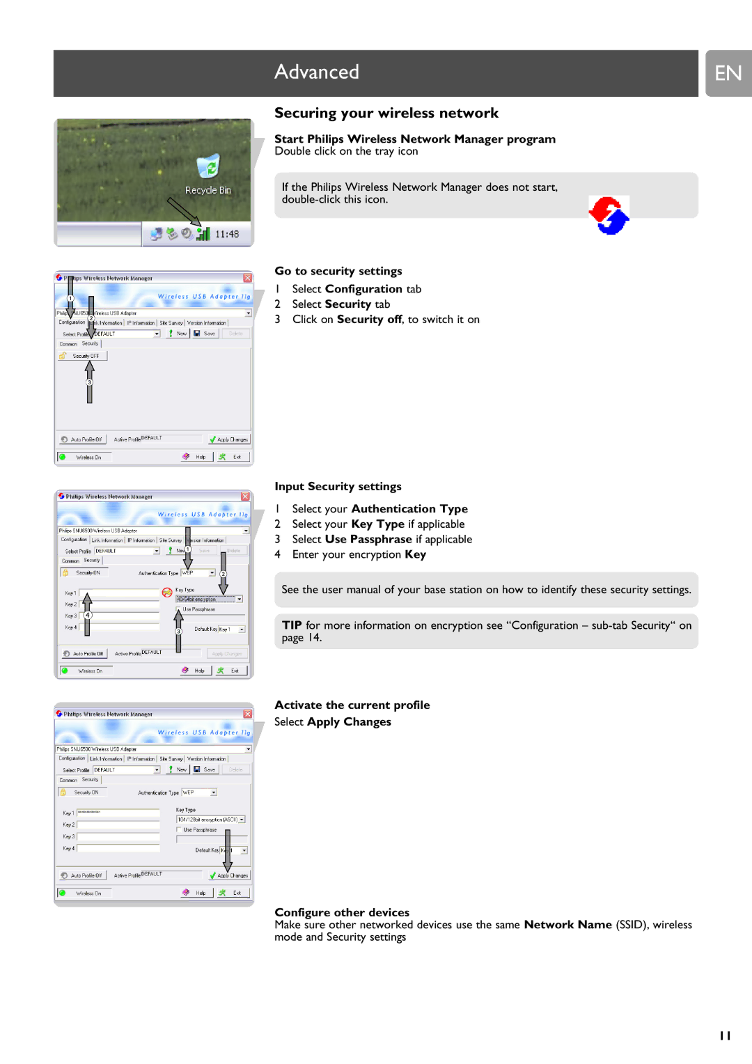 Philips SNU6500 manual Advanced, Go to security settings Select Configuration tab 