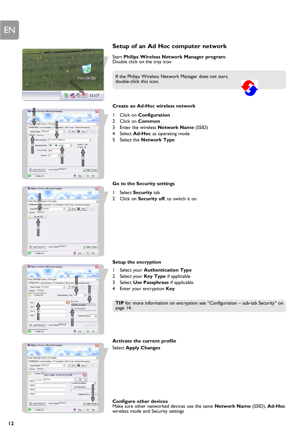 Philips SNU6500 manual Setup of an Ad Hoc computer network, Create an Ad-Hoc wireless network Click on Configuration 