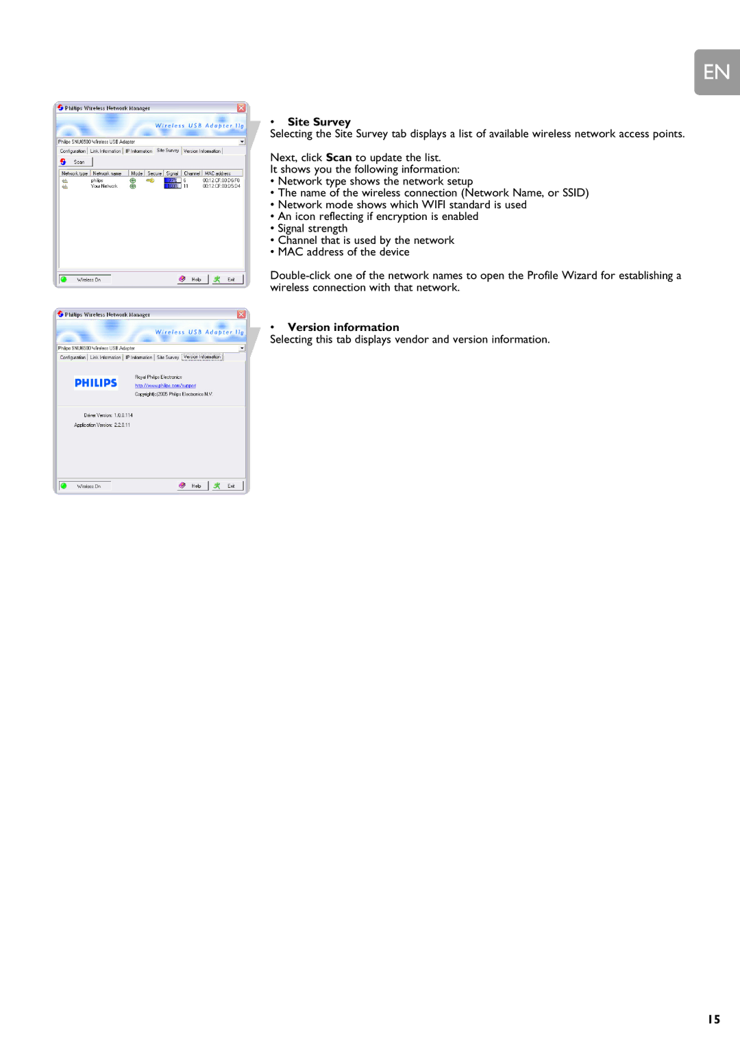 Philips SNU6500 manual Site Survey, Version information 