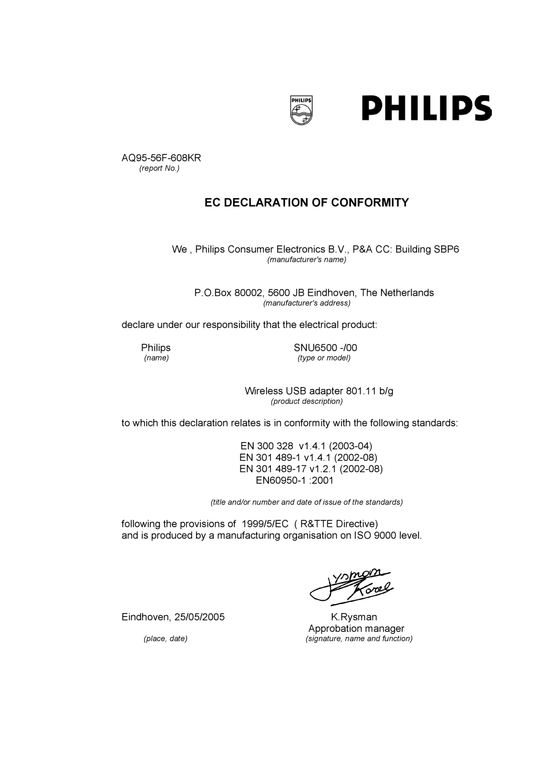 Philips SNU6500 manual EC Declaration of Conformity 