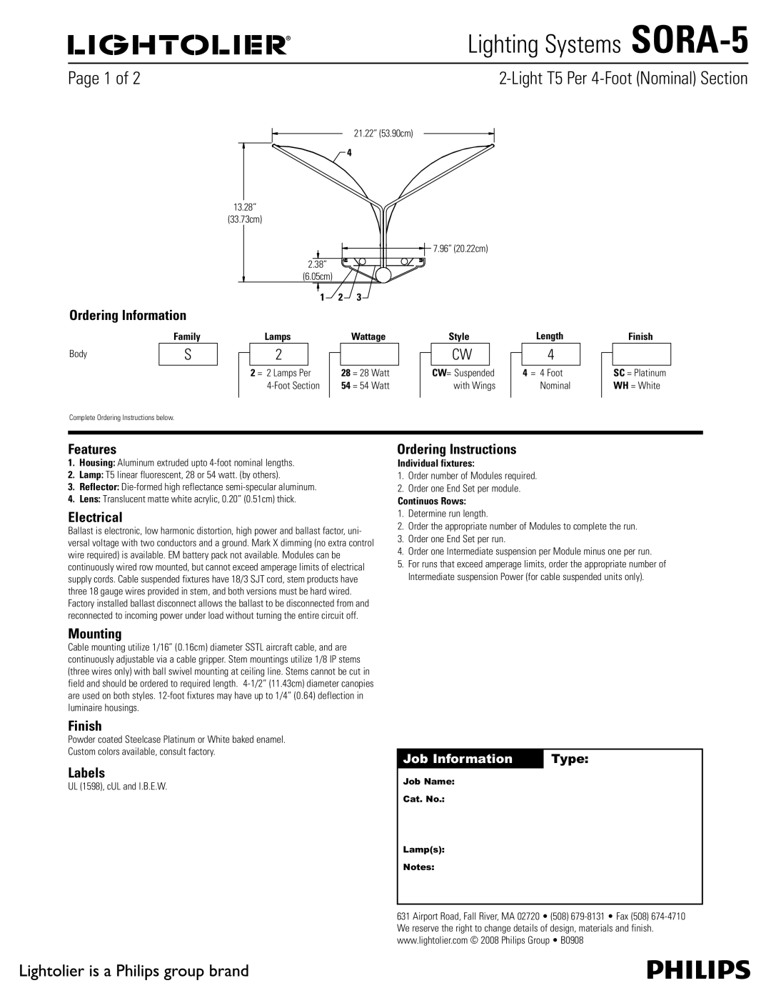 Philips SORA-5 manual Ordering Information, Features, Electrical, Mounting, Finish, Labels, Ordering Instructions 