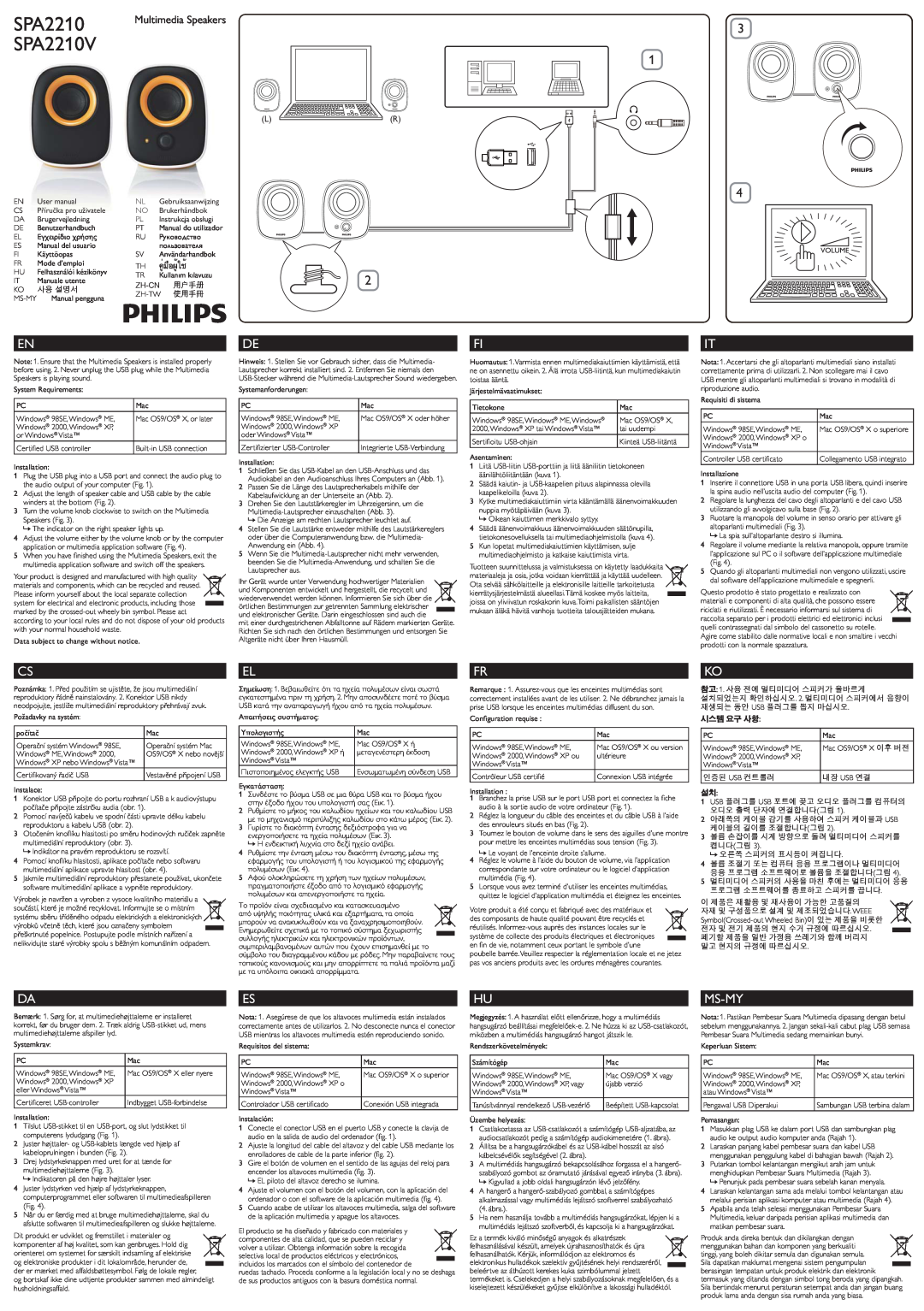 Philips SPA2210/27 manual do utilizador SPA2210V, Ms-My 