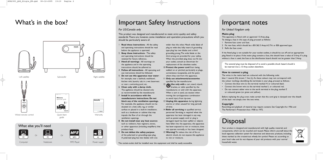 Philips SPA2300/17 quick start What’s in the box? Important Safety Instructions, Important notes, Disposal 