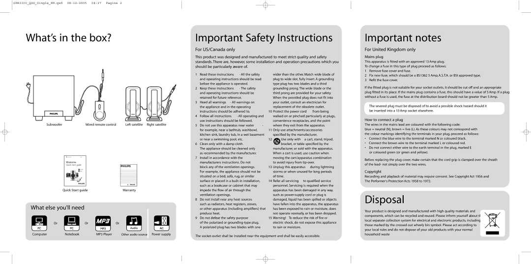 Philips SPA3300/27 quick start What’s in the box? Important Safety Instructions, Important notes, Disposal 