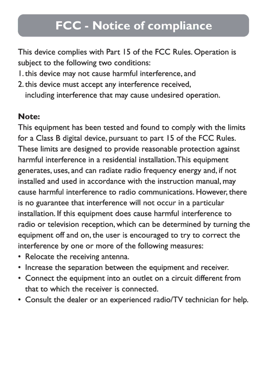 Philips SPA7210/17 user manual FCC Notice of compliance 