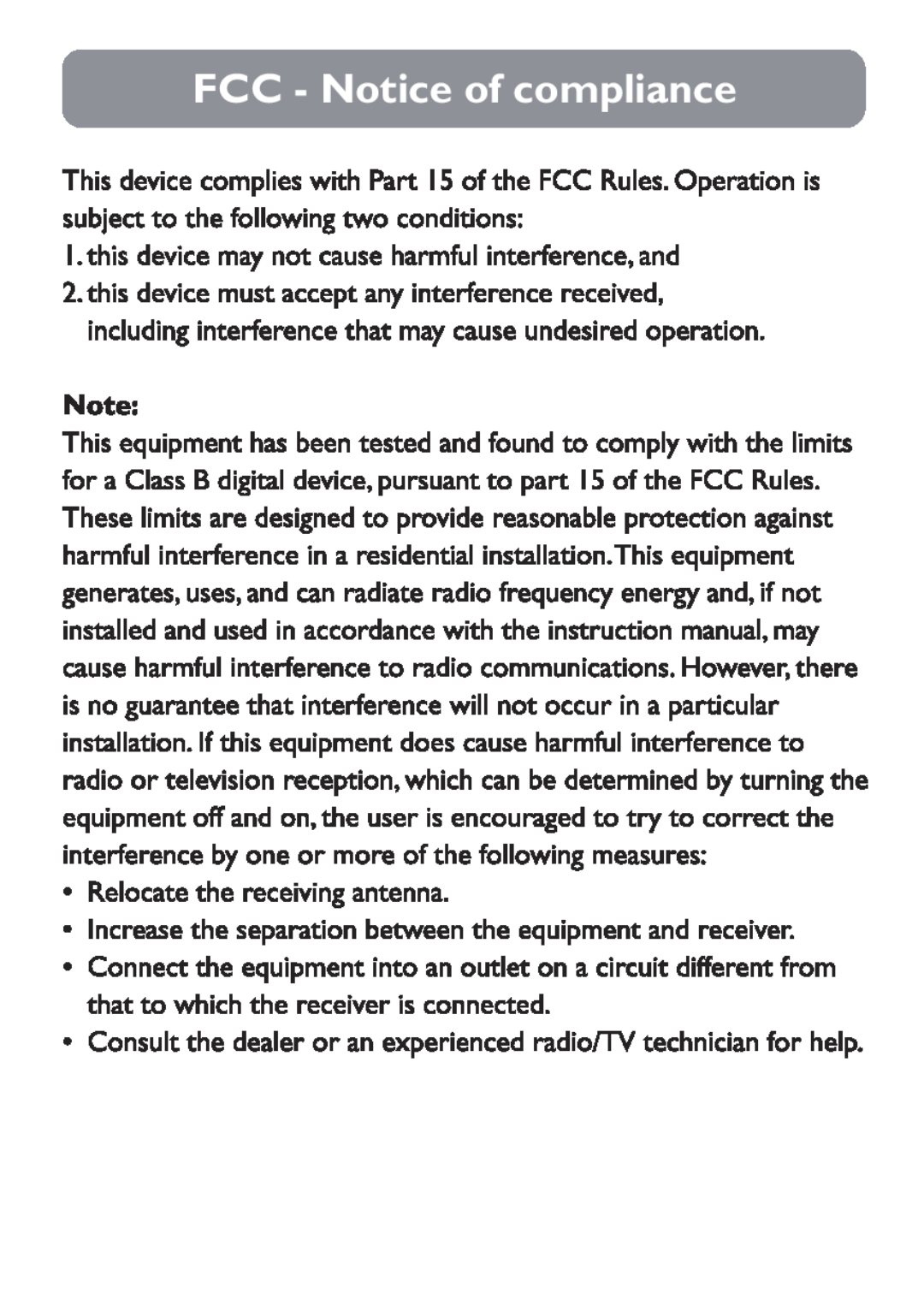 Philips SPA7210/17 user manual FCC - Notice of compliance 