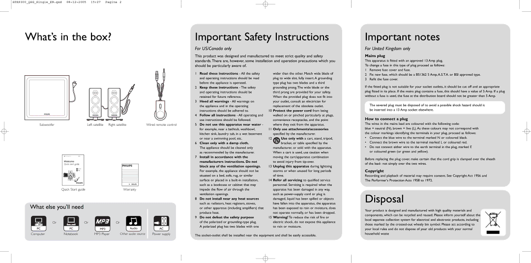 Philips SPA9300/17 What’s in the box? Important Safety Instructions, Important notes, Disposal, For US/Canada only 