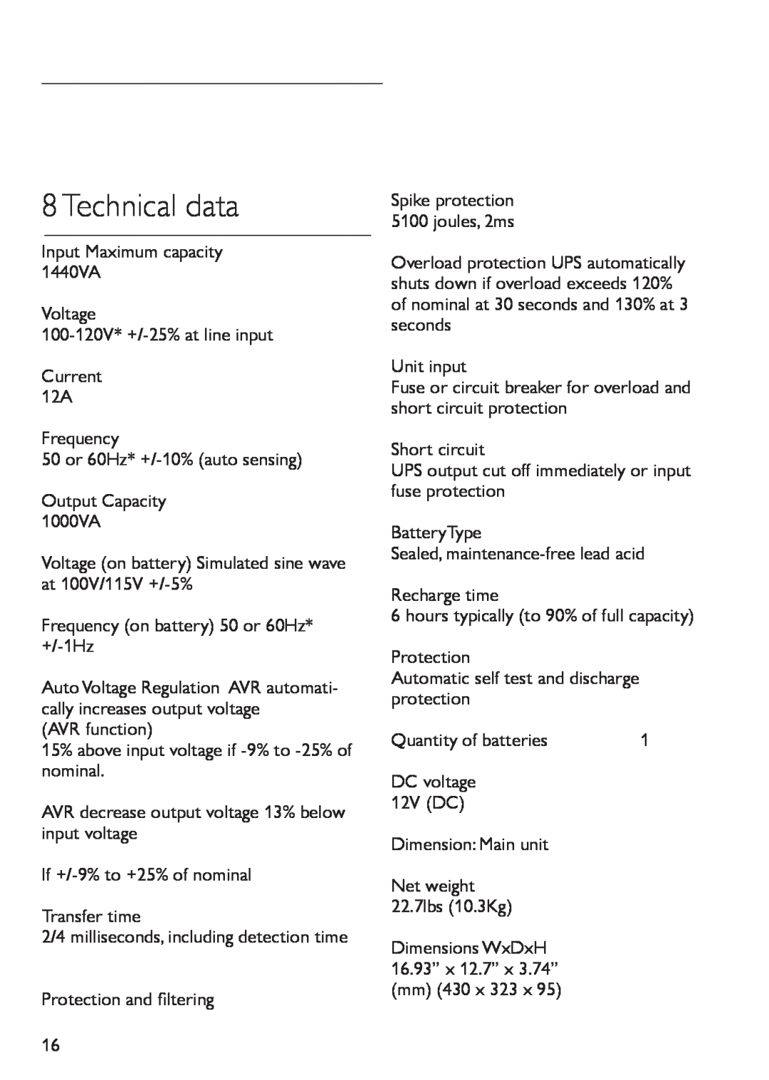 Philips SPB4230WA/17 manual Technical data 