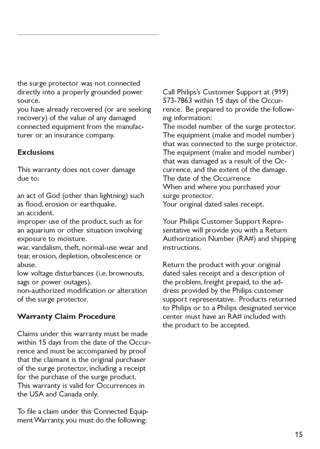 Philips SPB4230WA/17 manual Exclusions, This warranty does not cover damage due to, Warranty Claim Procedure 