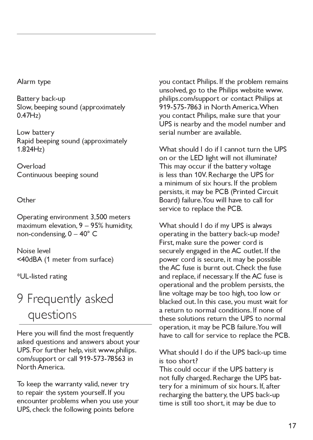 Philips SPB4230WA/17 manual Noise level 40dBA 1 meter from surface UL-listed rating 