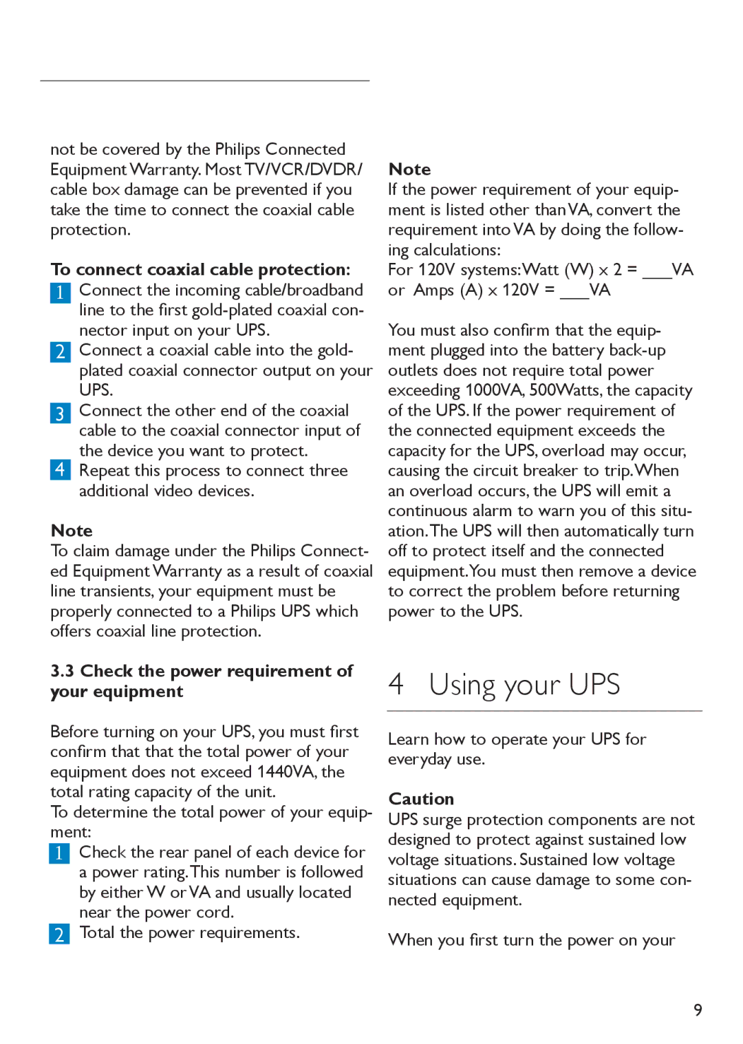 Philips SPB4230WA/17 Using your UPS, To connect coaxial cable protection, Check the power requirement of your equipment 