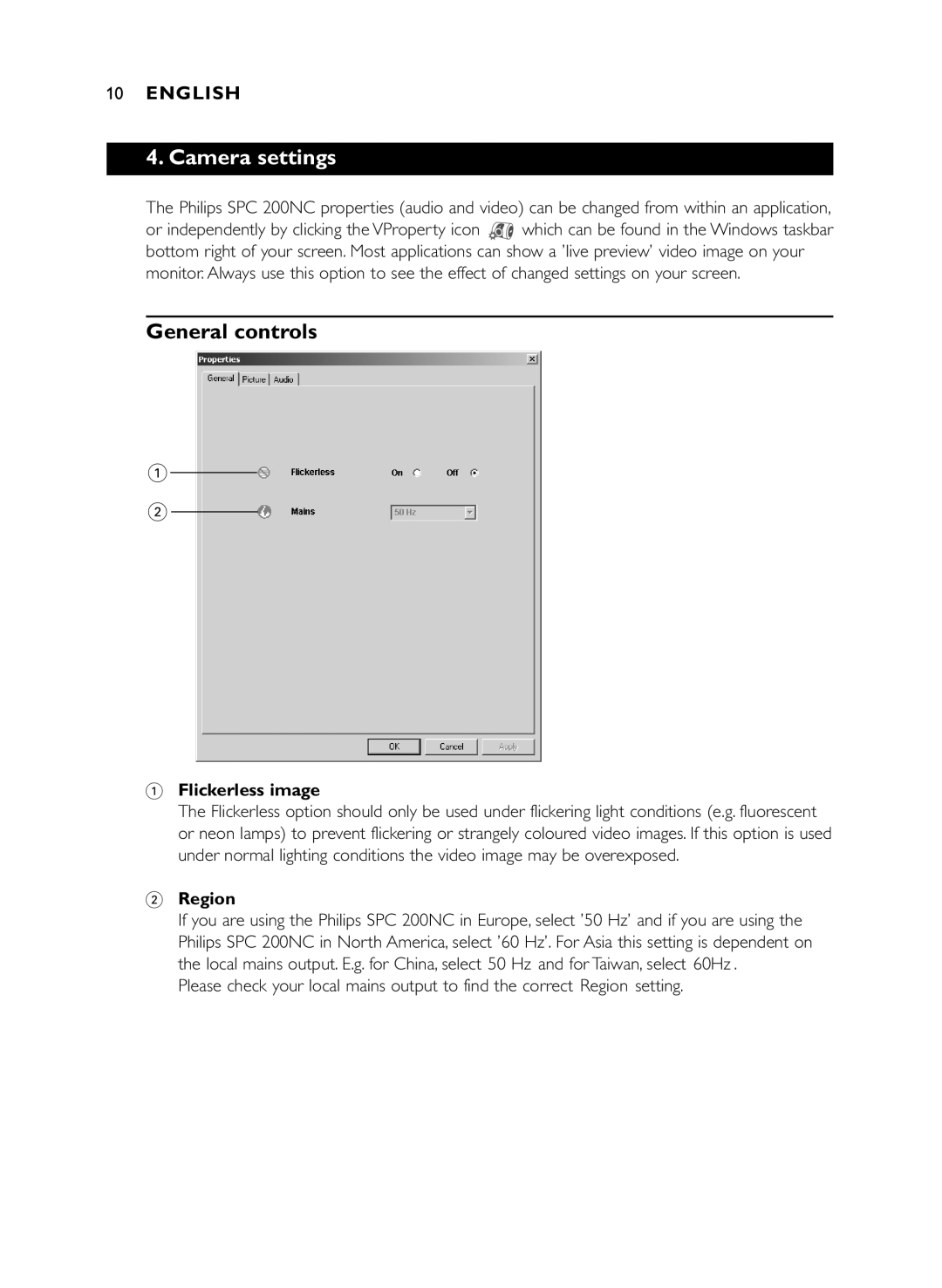 Philips SPC 200NC manual Camera settings, General controls, Flickerless image, Region 