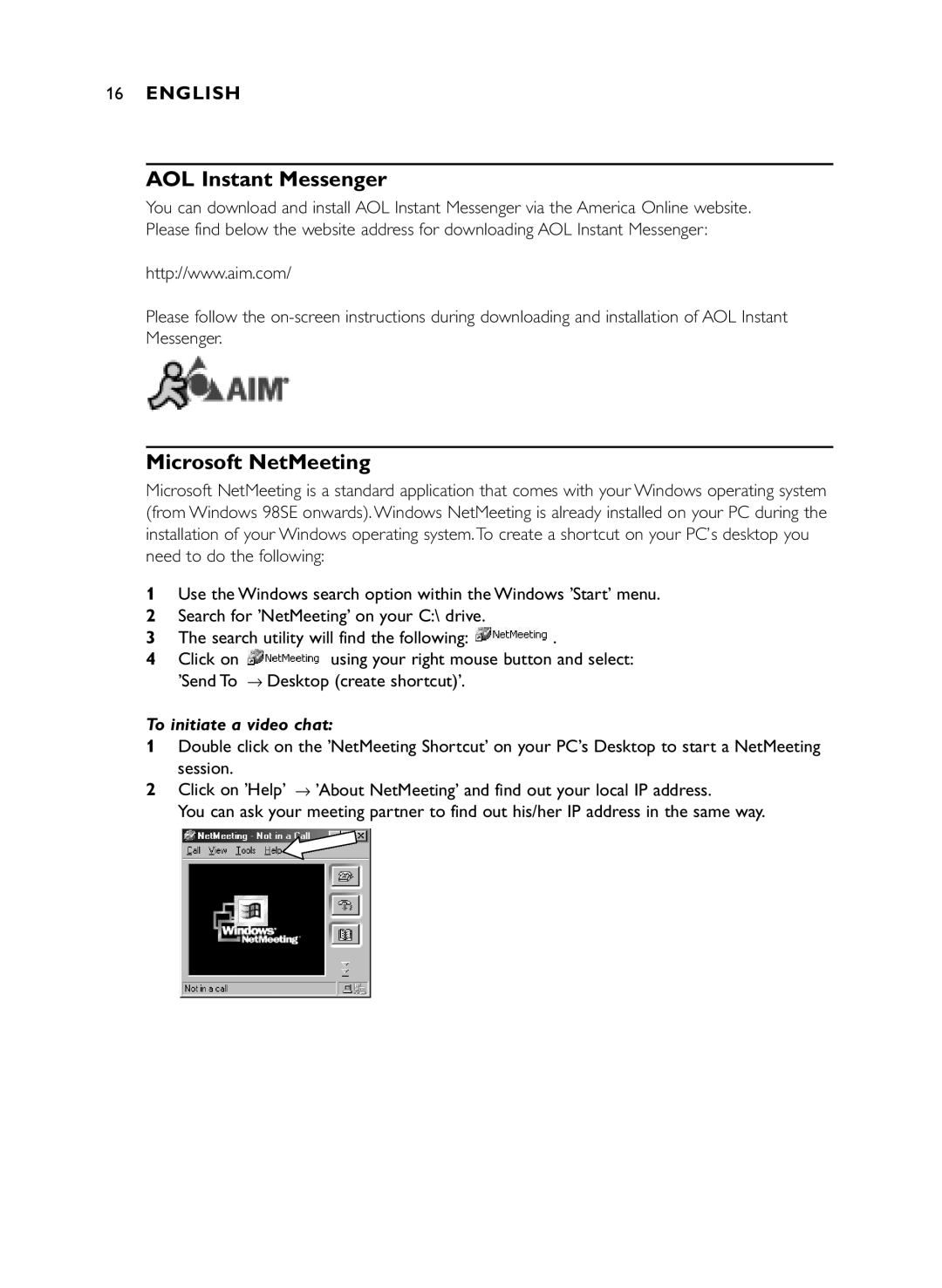 Philips SPC 200NC manual AOL Instant Messenger, Microsoft NetMeeting 