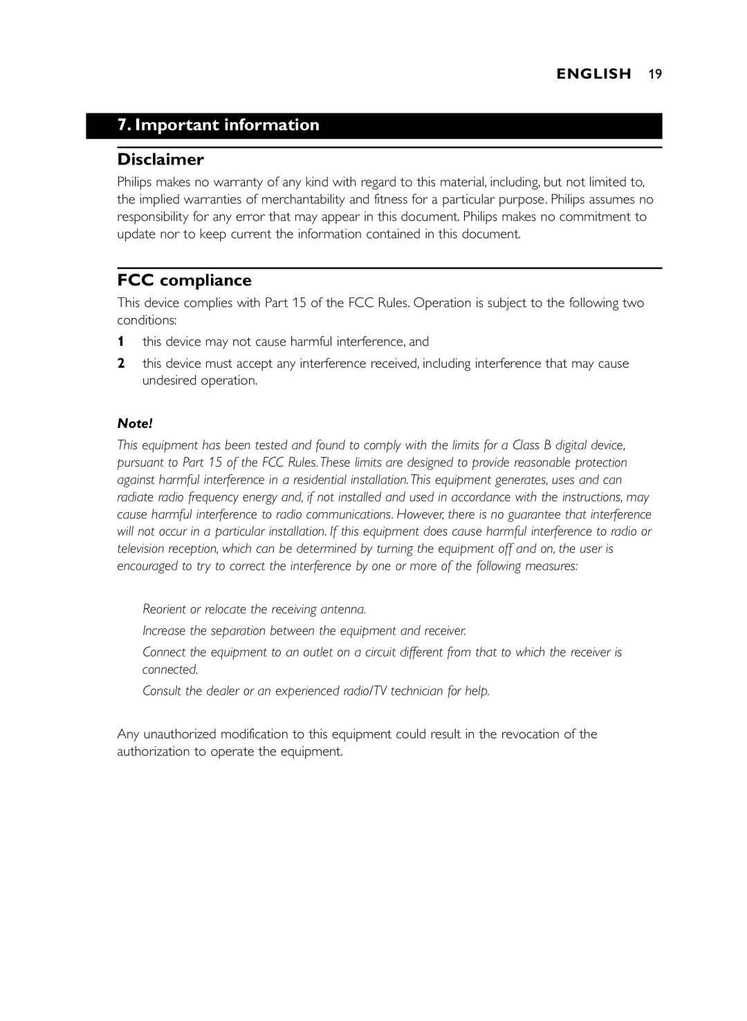 Philips SPC 200NC manual Important information, Disclaimer, FCC compliance 