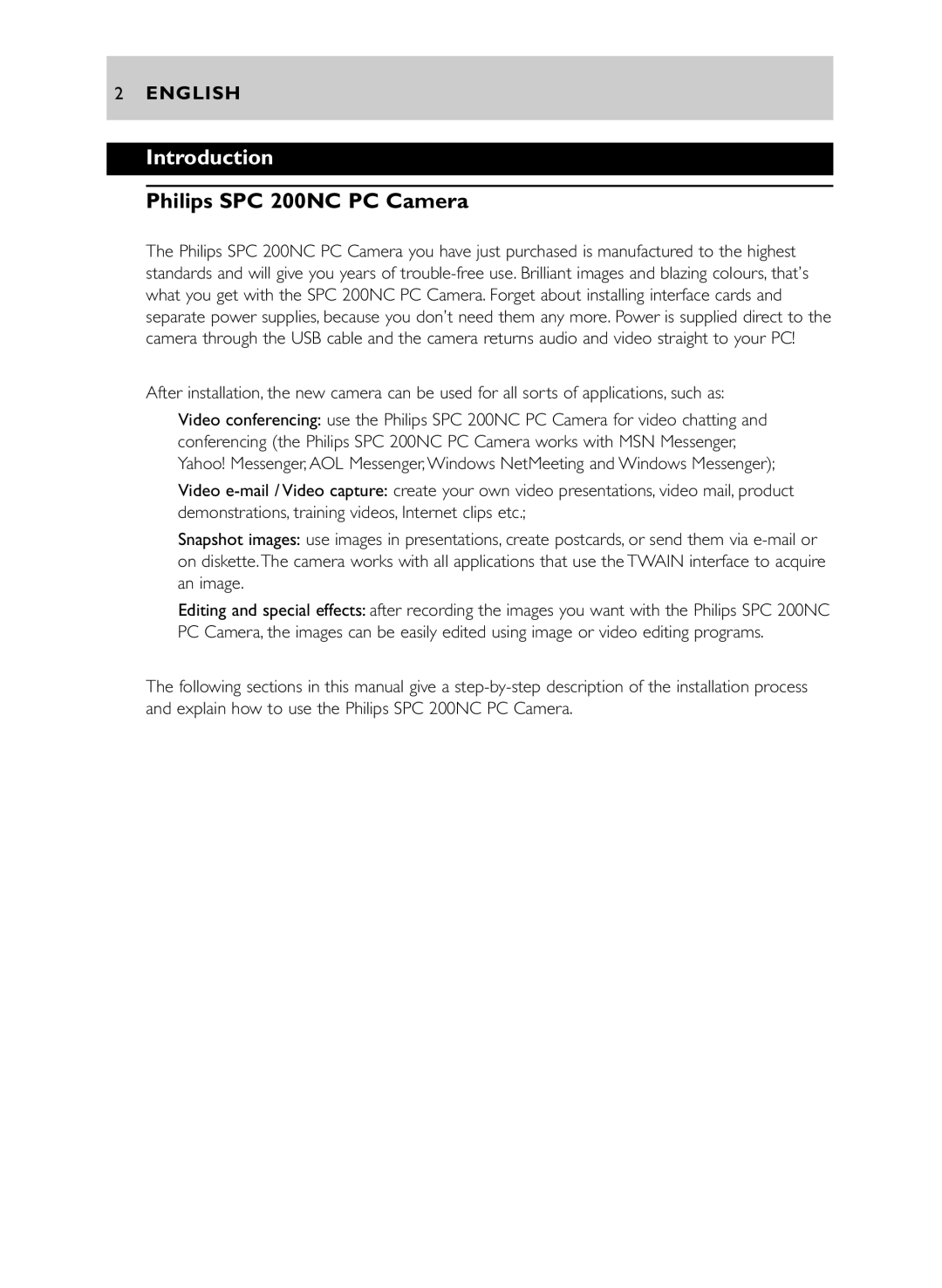 Philips manual Introduction, Philips SPC 200NC PC Camera 