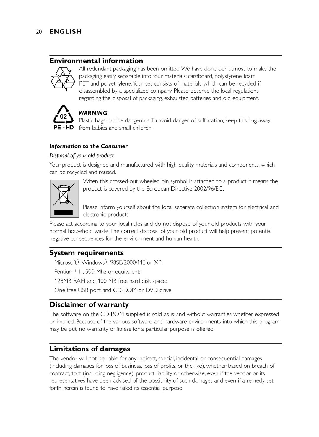 Philips SPC 200NC manual Environmental information, System requirements, Disclaimer of warranty, Limitations of damages 