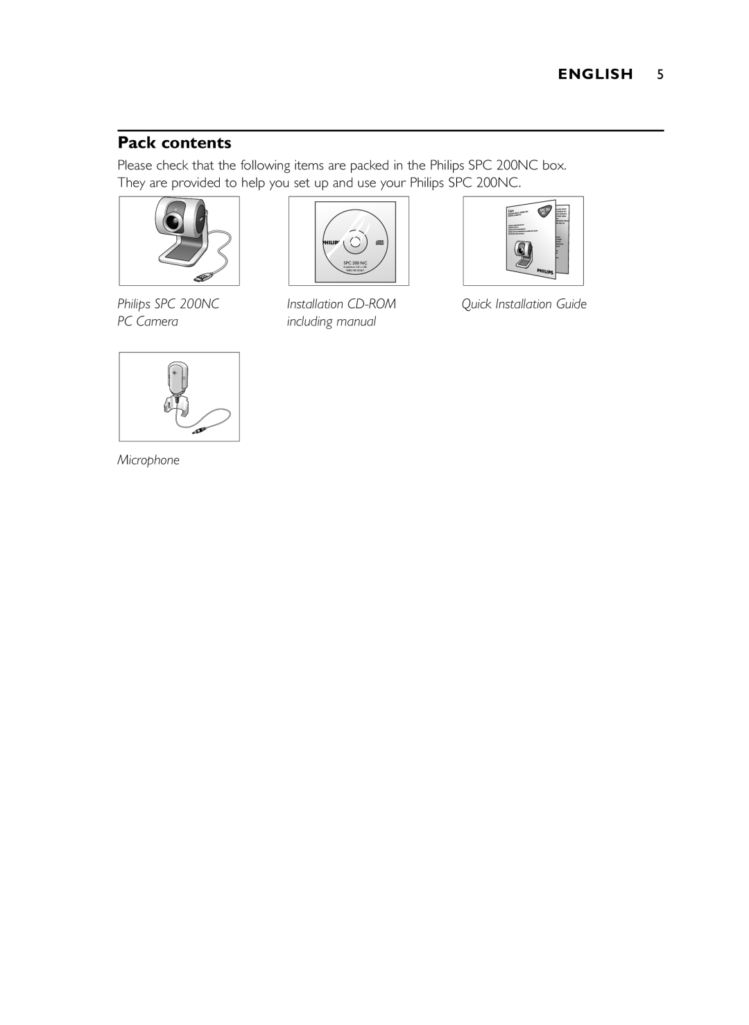 Philips SPC 200NC manual Pack contents 