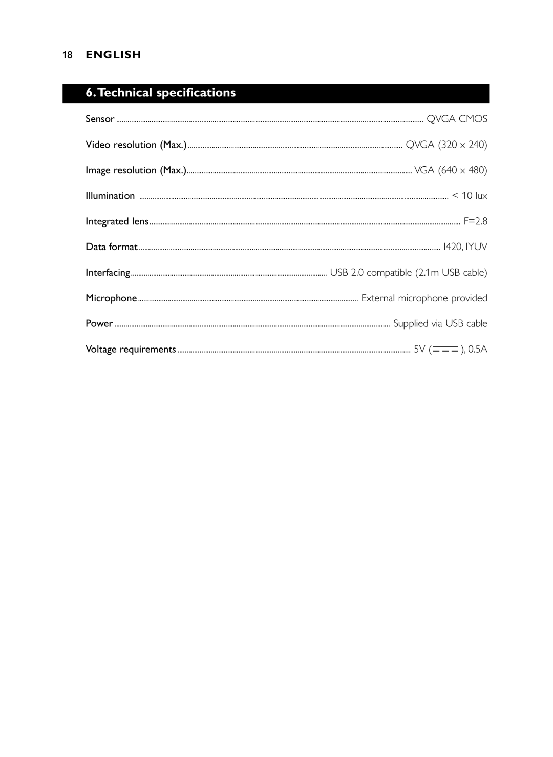 Philips SPC 300NC manual Technical specifications, Qvga Cmos 