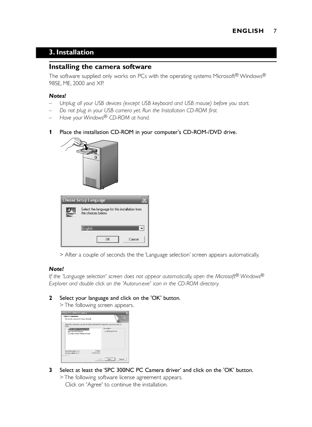 Philips SPC 300NC manual Installation, Installing the camera software 