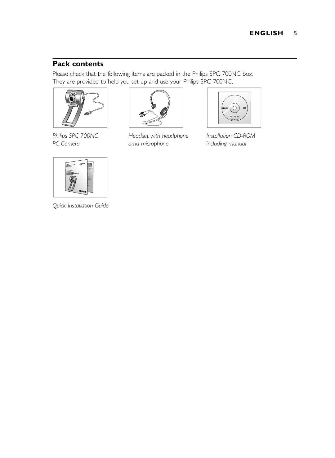 Philips SPC 700NC manual Pack contents 