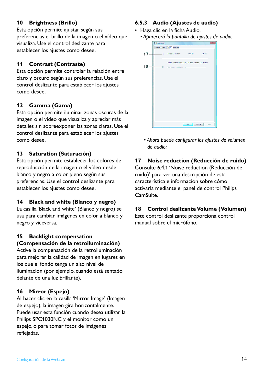 Philips SPC1030NC/27 manual Brightness Brillo, Contrast Contraste, Gamma Gama, Saturation Saturación, Mirror Espejo 