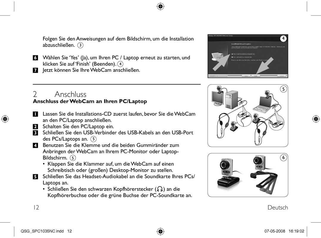 Philips SPC1035NC manual Anschluss der WebCam an Ihren PC/Laptop 