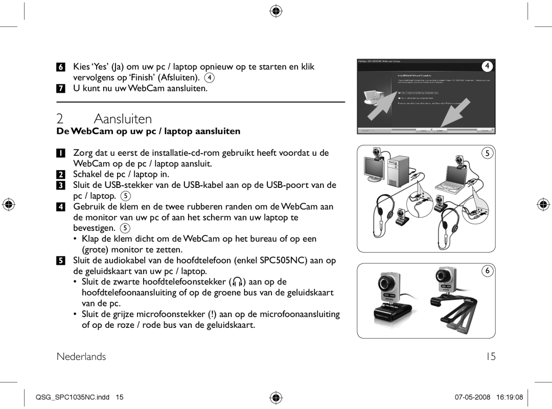 Philips SPC1035NC manual Aansluiten, De WebCam op uw pc / laptop aansluiten 