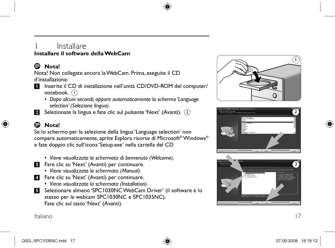 Philips SPC1035NC manual Italiano, Installare il software della WebCam Nota 