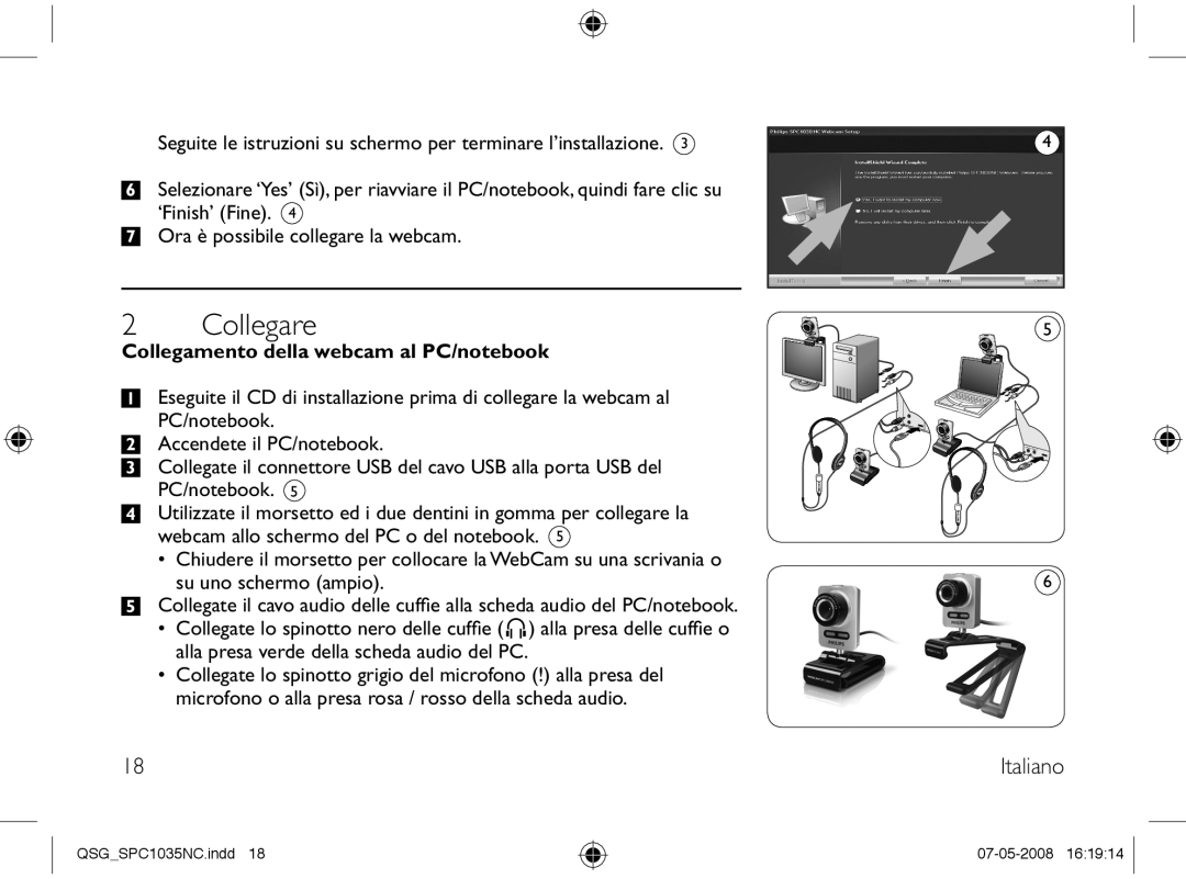 Philips SPC1035NC manual Collegare, Collegamento della webcam al PC/notebook 