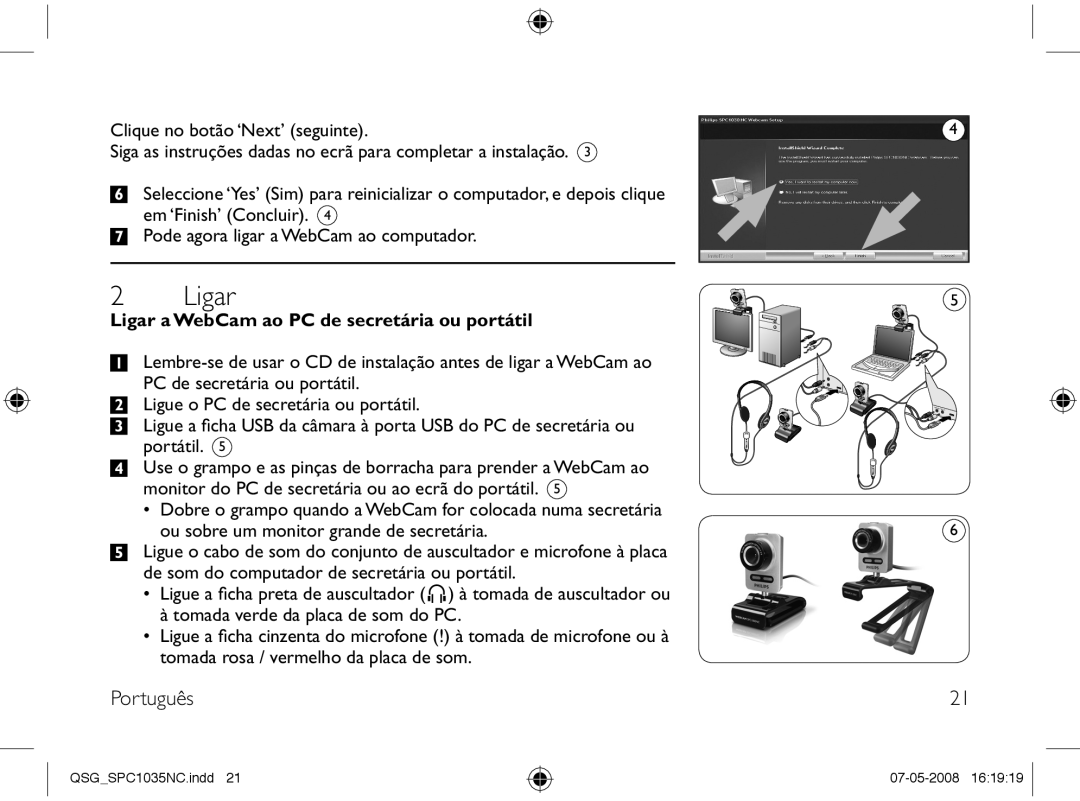 Philips SPC1035NC manual Ligar a WebCam ao PC de secretária ou portátil 