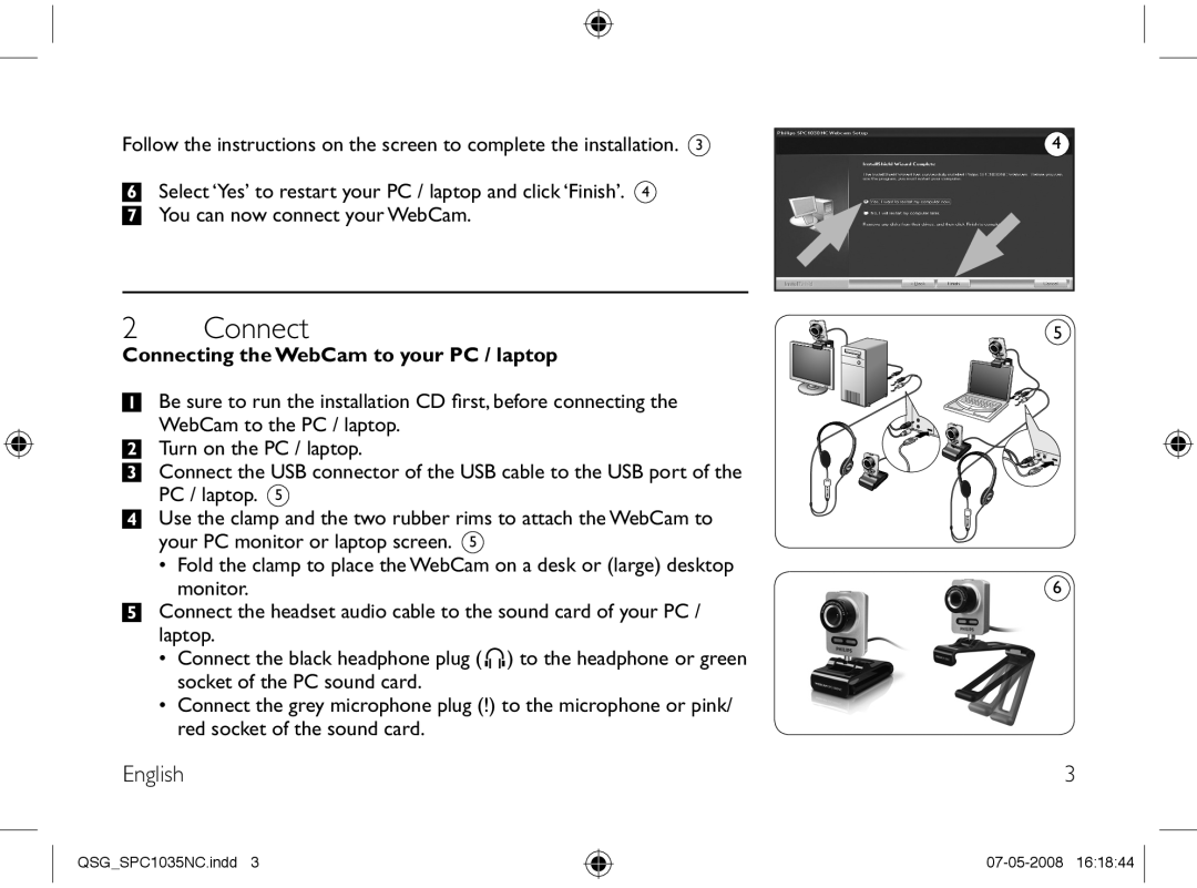 Philips SPC1035NC manual Connecting the WebCam to your PC / laptop 