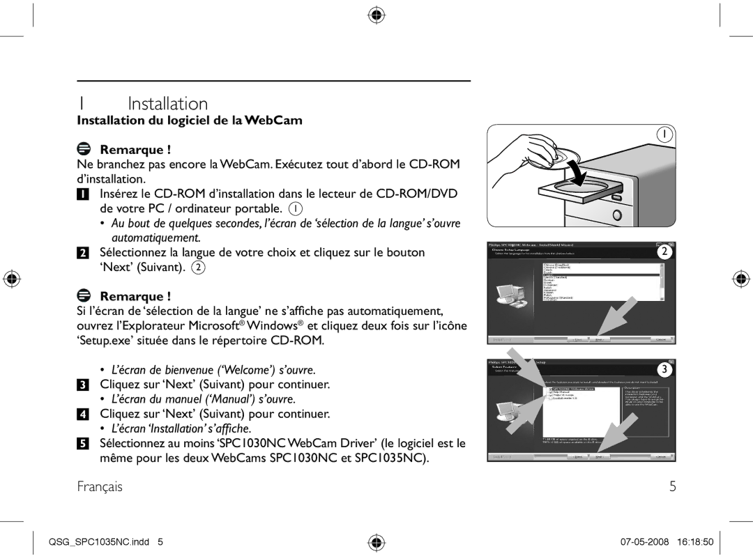 Philips SPC1035NC manual Français, Installation du logiciel de la WebCam Remarque 