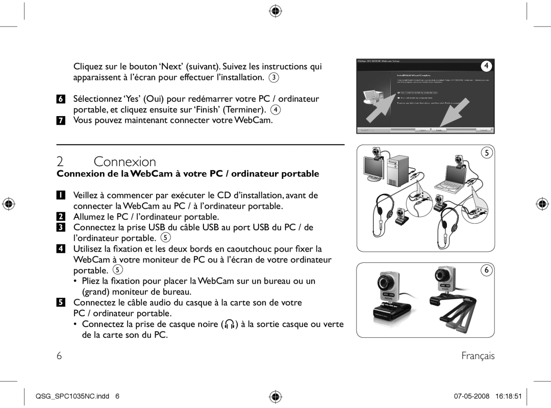 Philips SPC1035NC manual Connexion de la WebCam à votre PC / ordinateur portable 