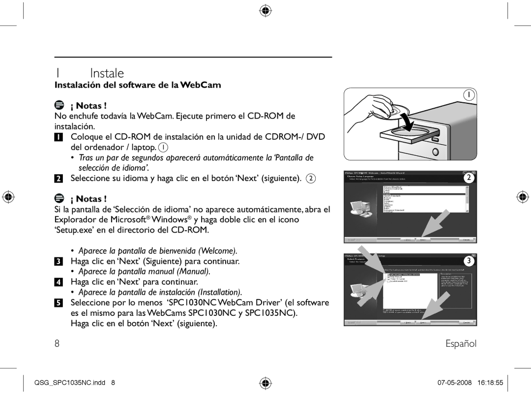 Philips SPC1035NC manual Instale, Español, Instalación del software de la WebCam ¡ Notas 