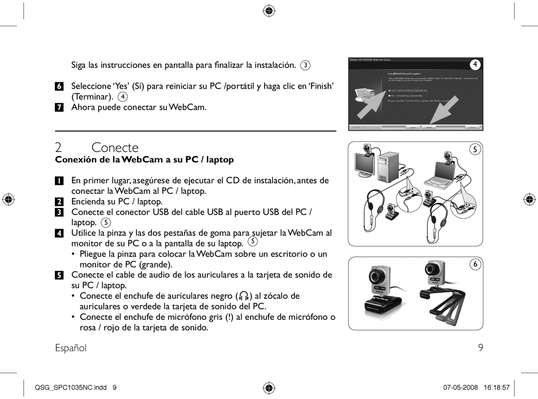 Philips SPC1035NC manual Conecte, Conexión de la WebCam a su PC / laptop 