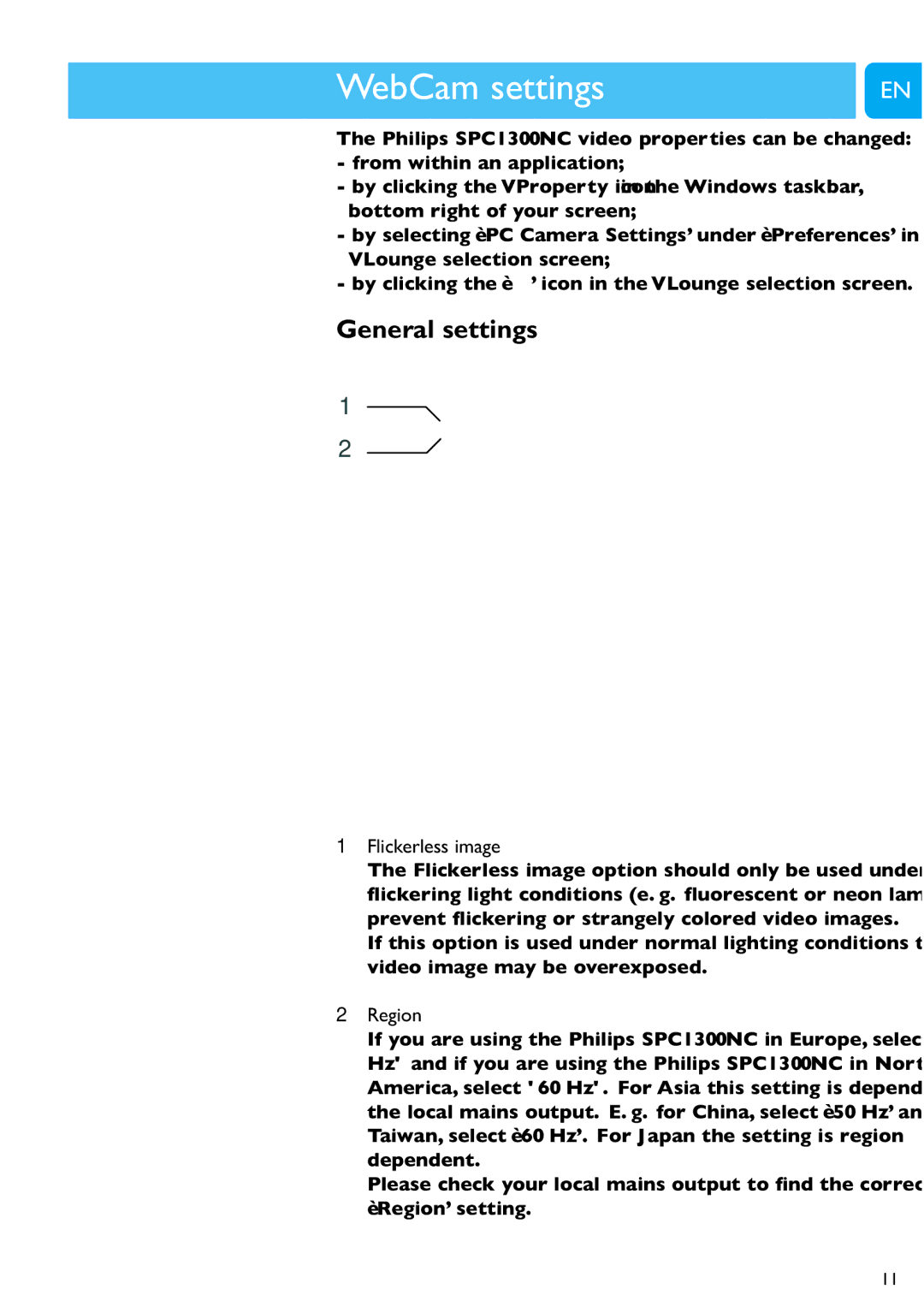 Philips SPC1300NC/00 user manual WebCam settings Chapter, General settings, Flickerless image 