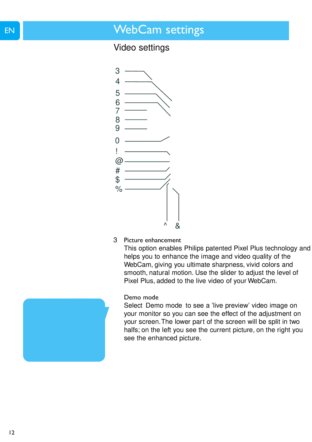 Philips SPC1300NC/00 user manual Video settings, Picture enhancement, Demo mode 