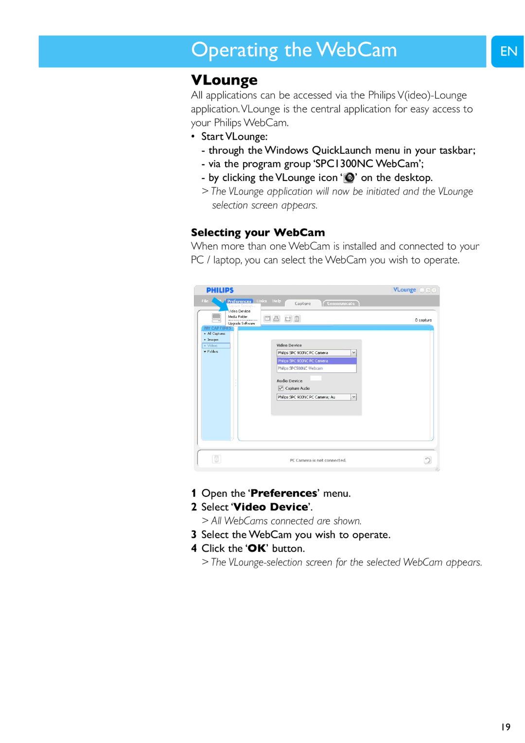 Philips SPC1300NC/00 user manual Operating the WebCam Chapter, VLounge, Selecting your WebCam, Select ‘Video Device’ 